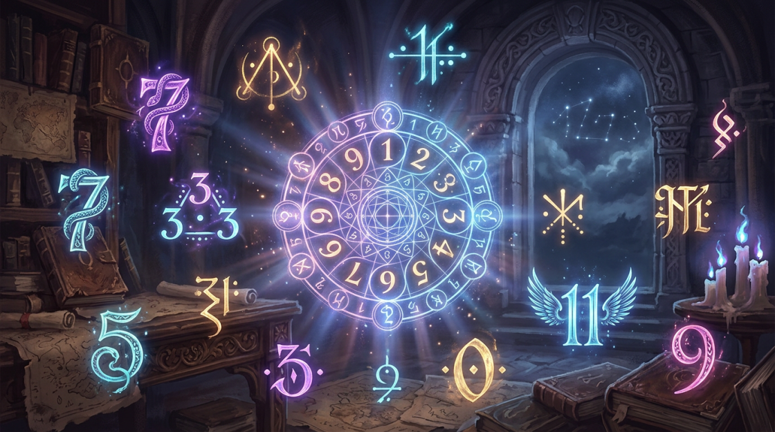 Glowing mystical numbers and symbols surrounding an arcane circular chart in a dimly lit ancient study