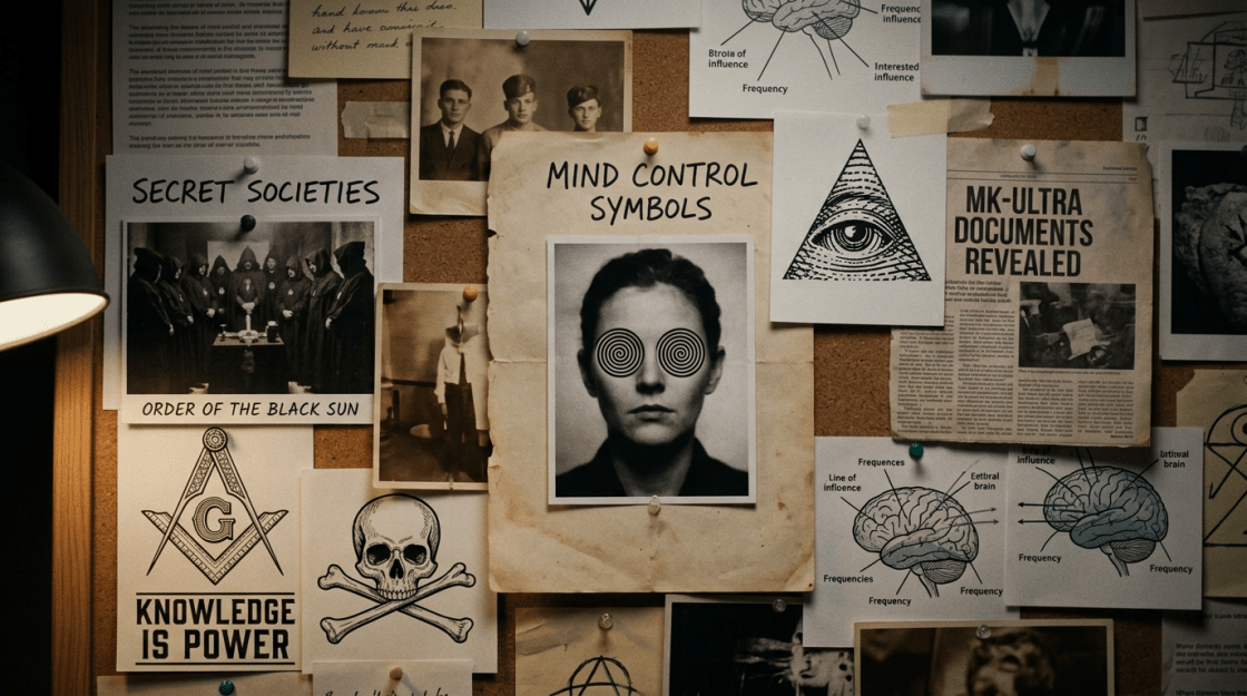 Bulletin board with conspiracy theory clippings including mind control symbols, secret societies, and MK-Ultra documents.