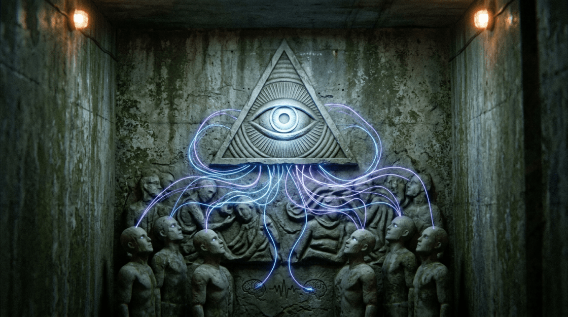 Stone figures connected by glowing blue and purple energy strands to an eye inside a triangle carved on a stone wall
