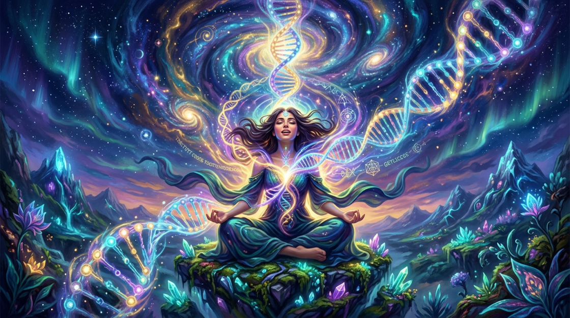 Meditating woman surrounded by glowing DNA strands and cosmic patterns in a vibrant fantasy landscape