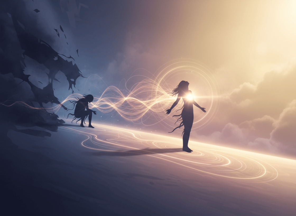 A serene, atmospheric image representing the journey from fear to spiritual awakening. A figure in silhouette transitions from darkness and shadow into soft, radiant light — surrounded by gentle sound waves or frequency lines rippling outward like energy. The mood is contemplative and transformative, with a color palette shifting from deep blues and grays to warm golden and violet hues. Cinematic, ethereal, minimalist.